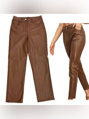 Reitmans Signature Pant cognac brown high-rise straight-leg vegan leather Sz 8